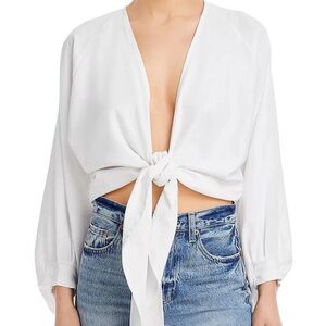 Just Bee Queen White Linen V-neck Long Sleeve Crop Top